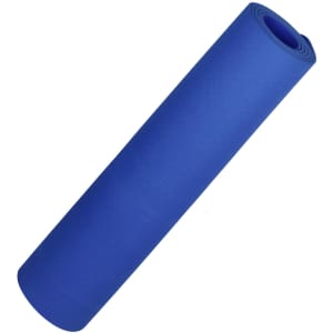 A rolled blue yoga mat made from premium TPE material, featuring a simple design and a logo.