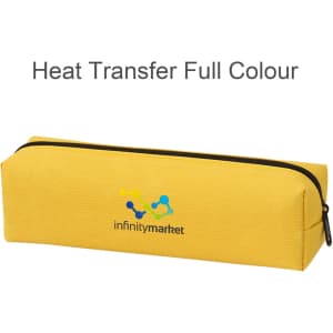 A yellow pencil case with a zip closure and a branding logo. Ideal for storing stationery items.