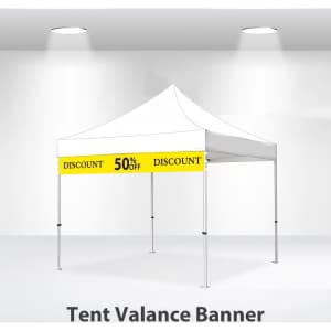 A large white marquee tent with a yellow banner displaying a discount. The tent features a peaked roof and metal supports.