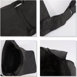A black messenger bag with a spacious interior and adjustable shoulder strap, featuring a logo.