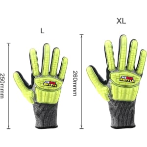 Heavy duty safety work gloves in high visibility yellow with grey detailing, displayed in large and extra-large sizes.