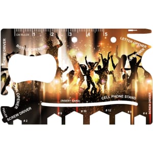 A card-sized multi-tool with a vibrant design featuring silhouettes of people celebrating, includes multiple functions and a logo.