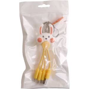 A custom-shaped PVC charging cable with a keyring in white and yellow, featuring a cute animal design.
