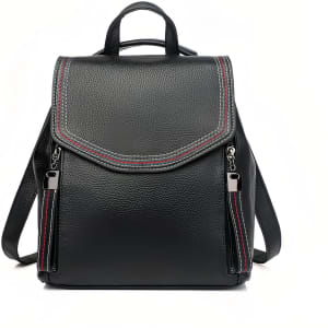 A black convertible leather backpack featuring red and grey stitching, with two zippered front pockets and adjustable straps.