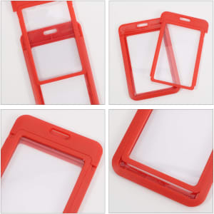 A red ABS double-sided ID card holder with clear plastic inserts, featuring a simple design.