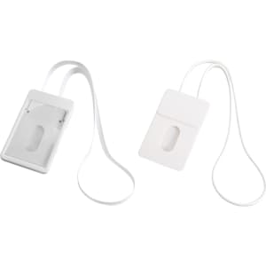 A white ABS retractable card holder with a lanyard, featuring a clear pocket for cards and a sleek design.