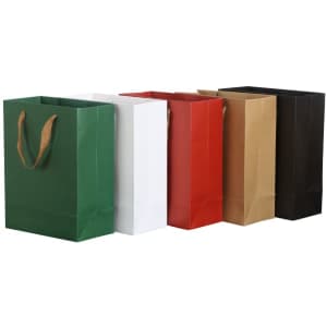A set of medium vertical paper bags in green, white, red, brown, and black, each with a fabric flat handle.