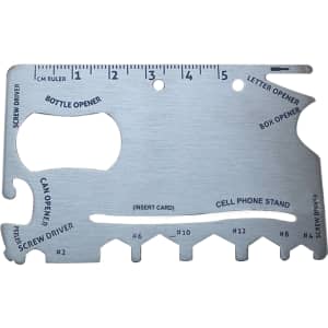 A stainless steel card-sized multi-tool featuring various functions, including a bottle opener and can opener.