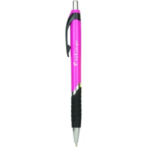 A pink and black barrel ball pen with a grip and a clip, featuring a logo on the side.