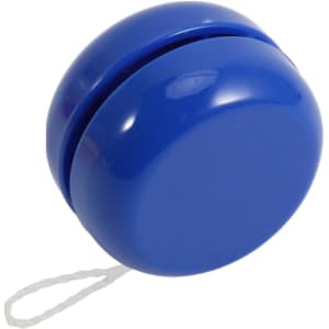 A blue classic yoyo with a smooth, shiny surface and a white string attached.