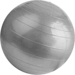 A grey PVC yoga ball, round and smooth, featuring horizontal grooves, with a minimalistic design.