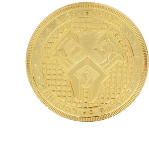A gold coin pin featuring a textured surface and intricate design. The pin has a logo on it.