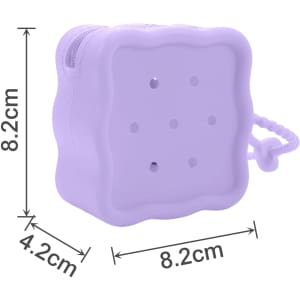 A square purple silicone pouch featuring six holes and a zip closure, measuring 8.2 cm in length and width.