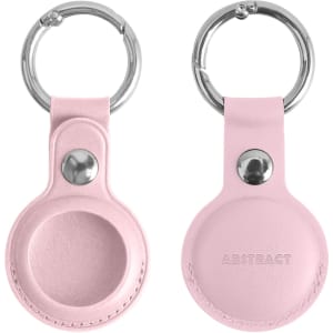 A pink PU leather AirTag holder with a keyring, featuring a smooth finish and a metal snap button.
