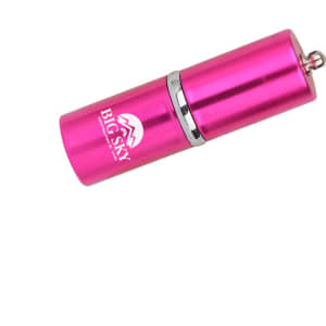 A pink lip balm-shaped flash drive with a metal finish and a logo on its side.