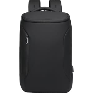 A waterproof black business backpack with a sleek design and a logo, featuring zippered compartments and padded straps.