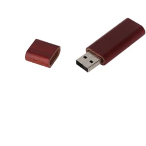 A rounded wooden flash drive in a deep red finish, displayed with its cap removed. It features a metal connector and a logo.