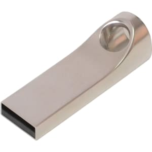 A silver flash drive with a sleek, metallic design. It features a rounded end and a branding logo.