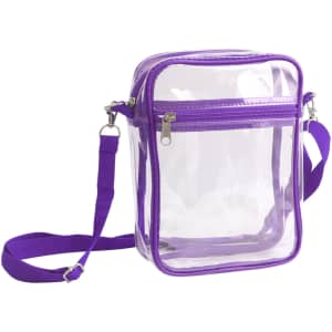 A clear tote bag with a zipper closure and a purple strap. The bag features a simple design and includes a logo.