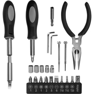 A 22 in 1 hand tool set featuring black and silver screwdrivers, pliers, various bits, and a socket adapter.