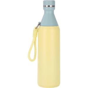 A drink bottle featuring a slim design in yellow and light blue, with a stainless steel finish and a carry strap.