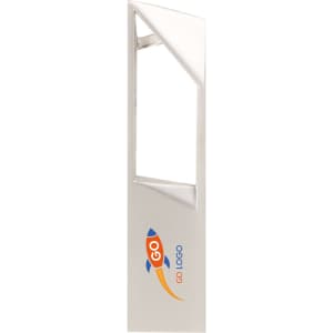A silver portable metal flash drive with a sleek design and a rectangular shape, featuring a logo.