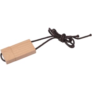A wooden flash drive with a brown string attached, showcasing a natural wood finish.