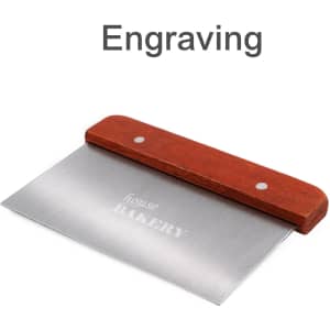 A stainless steel dough scraper with a wooden handle, featuring a shiny blade and a branded logo.