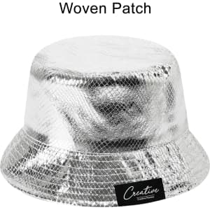 A silver bucket hat with a shiny, glittery finish and a woven patch on the side.