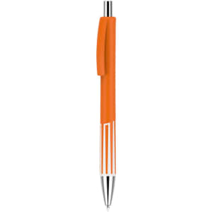 A plastic pen with a vibrant orange barrel and a silver tip, featuring a clip and a logo.