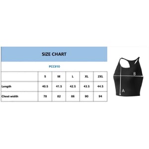 A size chart for a black women's seamless thin-strap racerback LYCRA yoga bra tank, featuring measurements in centimetres.