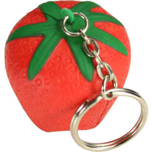 A red strawberry-shaped stress reliever attached to a silver keyring with green leaves on top.