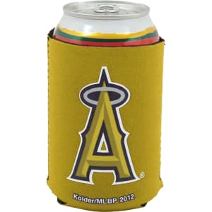 A drink can is wrapped in a yellow foldable stubby holder with a logo on the front.