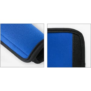 A blue neoprene luggage grip with a black trim, featuring a textured surface for better handling.