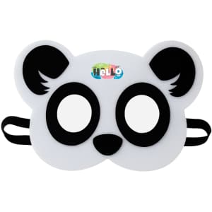 A panda-themed felt mask in black and white, featuring two eye holes and an elastic strap for wearing.