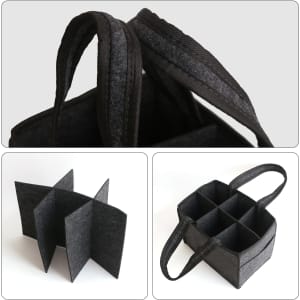 A black felt wine tote bag, featuring six compartments and two sturdy handles for easy carrying.
