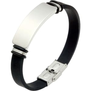 A sleek black bracelet with a silver engraved plate and metal accents, featuring a secure clasp.