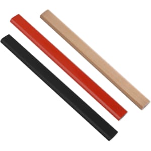 Three grey-lead pencils in red, black, and natural wood finishes, featuring a logo on one.