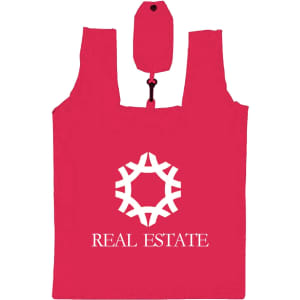 A red foldable shopping tote bag with a logo and a compact design for easy storage.
