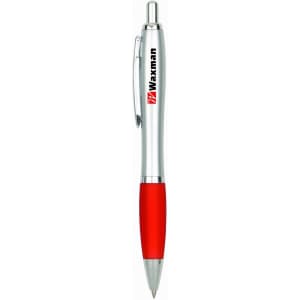 A silver metal pen with a red grip and clip, featuring a logo.