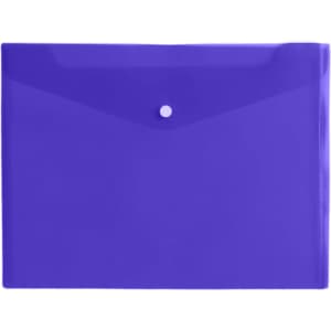 A4 clear file envelope in a vibrant purple colour, featuring a button closure and a transparent finish.