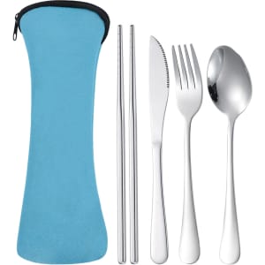 A blue travel cutlery set with silver forks, knife, spoon, and chopsticks, enclosed in a matching case.
