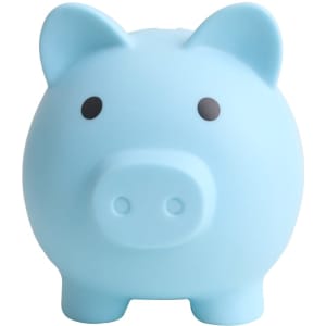 A light blue PVC piggy bank with a simple design and two black dot eyes. It features a branding logo.