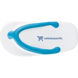 A white flip-flop shaped stress reliever with a blue strap and a branding logo.