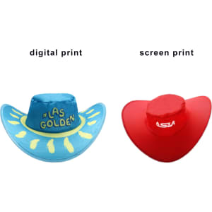 Two foldable cowboy hats: one in blue with a digital print, and one in red with a screen print, both with logos.