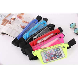 Fanny packs in various colours: blue, red, pink, neon yellow, and black, each featuring a clear phone pocket and logo.