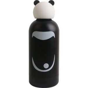 A drink bottle with a black body and a panda head lid, featuring a simple facial design and a logo on the front.
