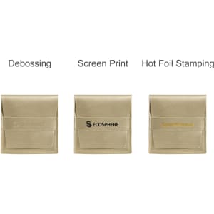 A PU leather flip jewelry pouch in beige with three branding options: debossing, screen print, and hot foil stamping.