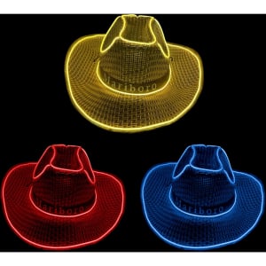 Light up straw hats in yellow, red, and blue, featuring a woven design and a logo.