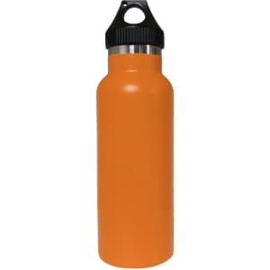 A drink bottle in vibrant orange with a double wall design and a black PP lid. Features a logo or branding.